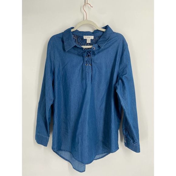 cj banks Blue Chambray Embroidered Details Lace Up Long Sleeve Top X - Picture 5 of 6